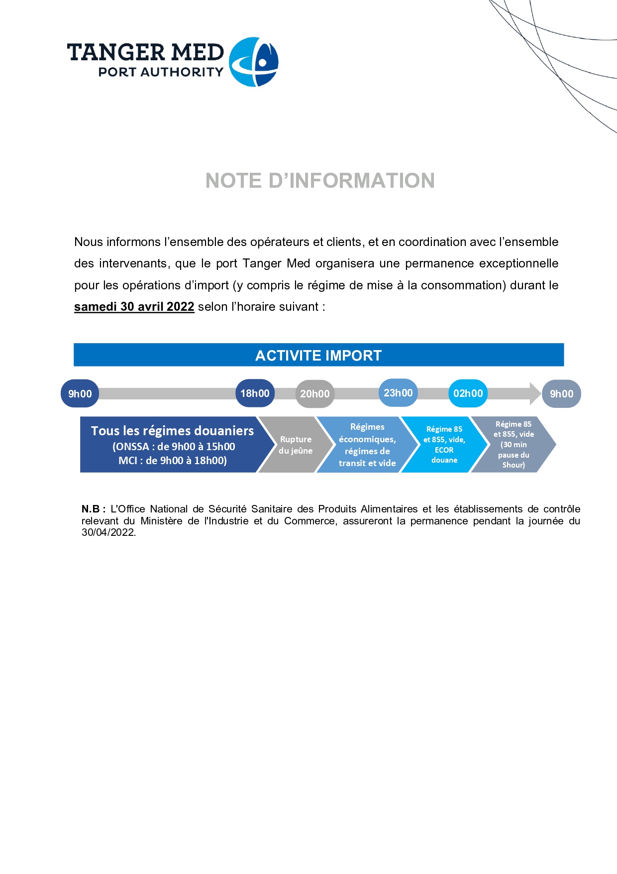 Voici les horaires de la permanence exceptionnelle au port de Tanger Med pour Al Aid