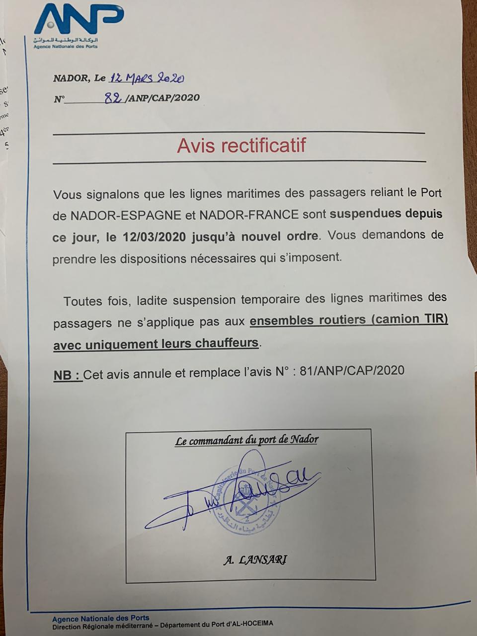 L'ANP annonce la suspension de la ligne maritime Nador-Espagne et de Nador-France 